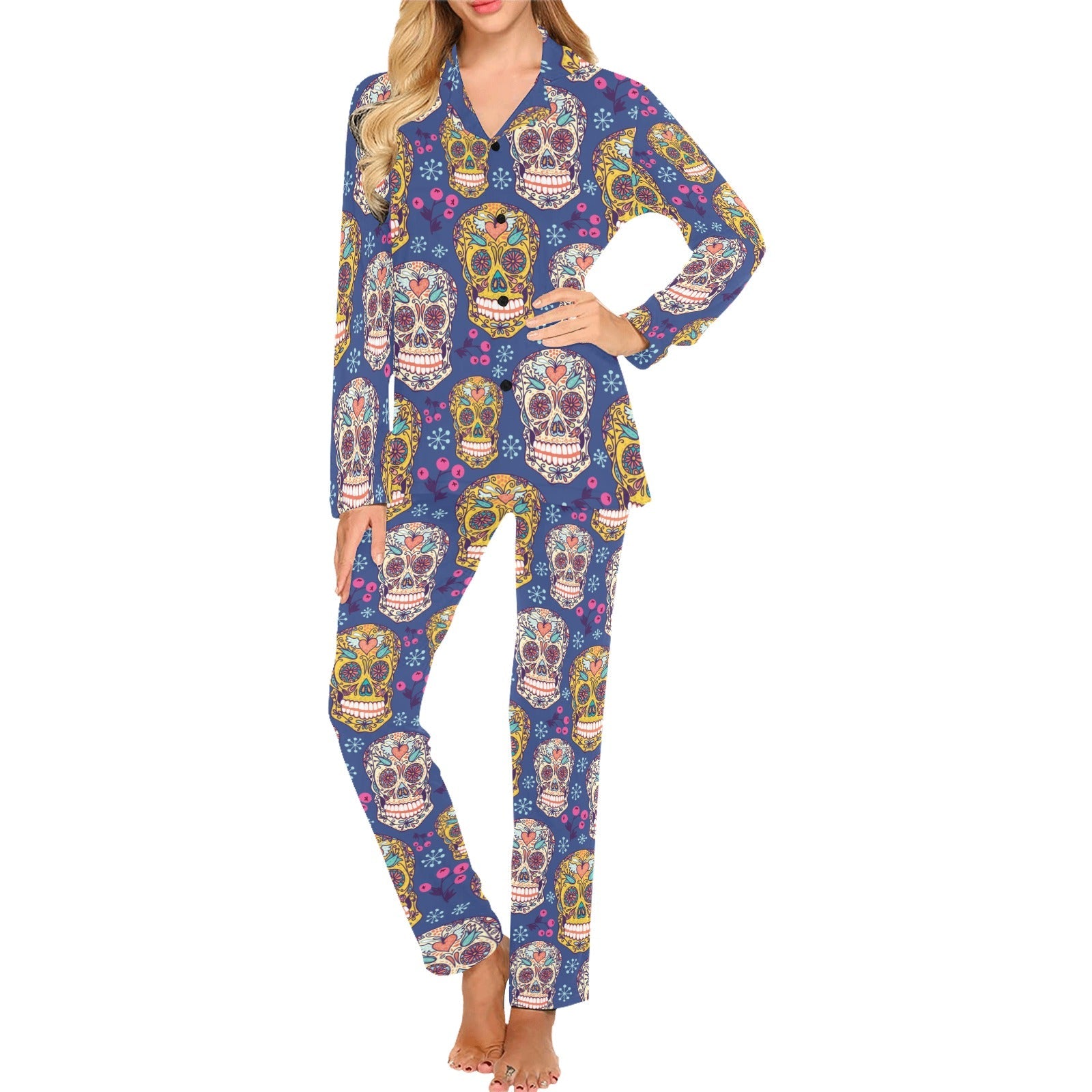 Sugar skull flower pattern Women's Long Pajama Set