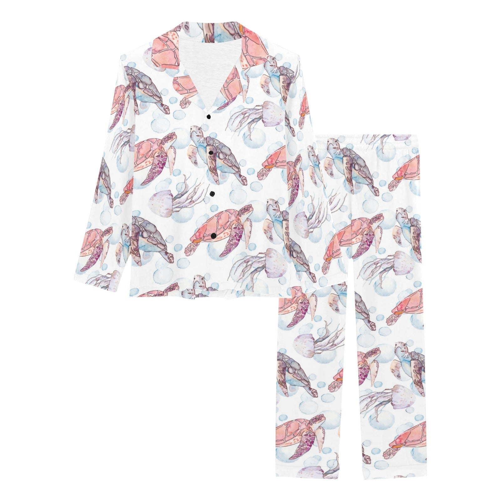 Watercolor sea turtle jellyfish pattern Women's Long Pajama Set