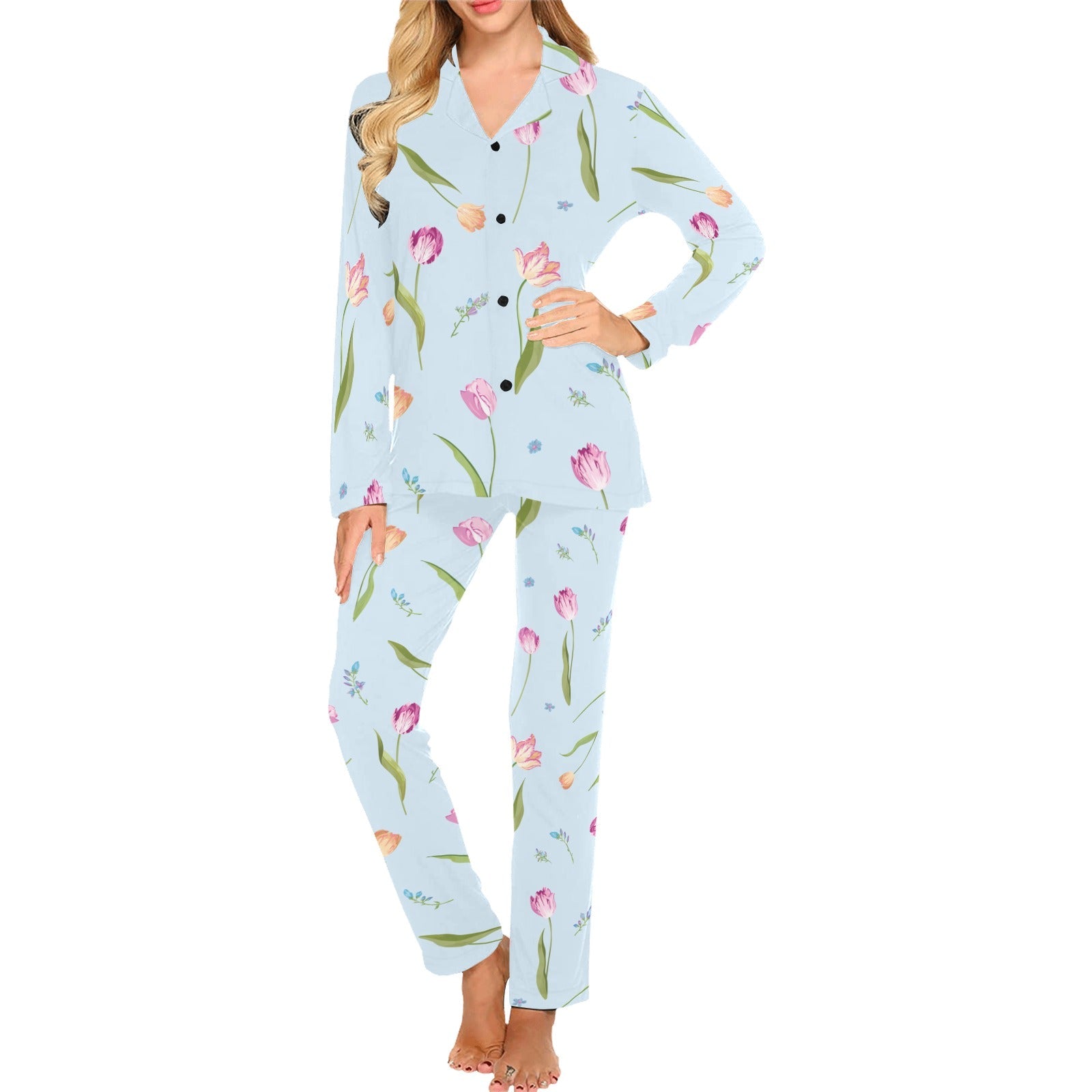 Watercolor Tulips pattern Women's Long Pajama Set