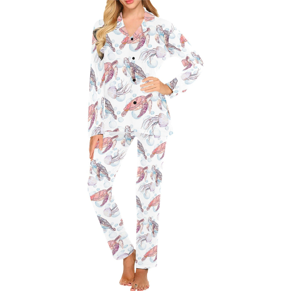 Watercolor sea turtle jellyfish pattern Women's Long Pajama Set