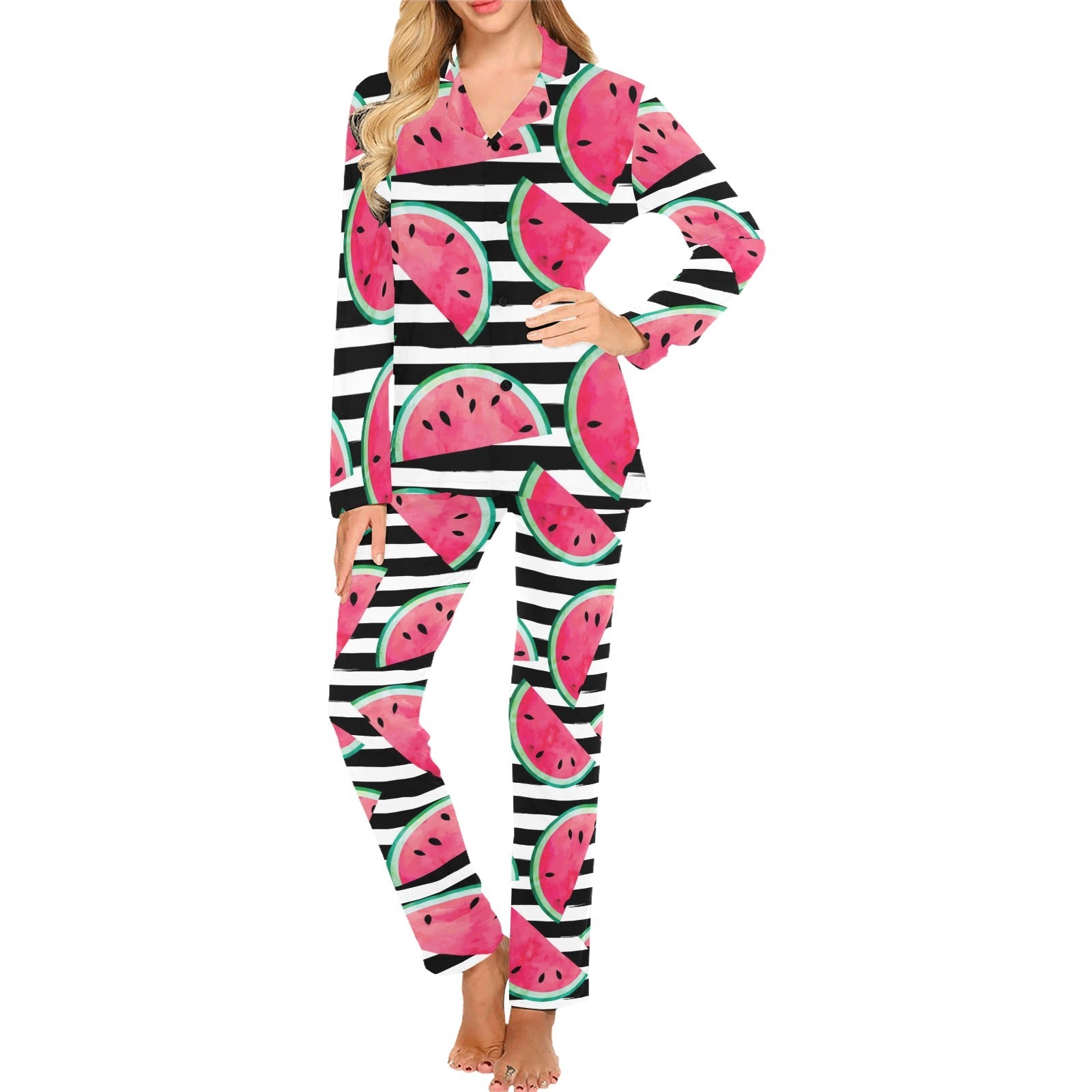 Watercolor paint textured watermelon pieces Women's Long Pajama Set