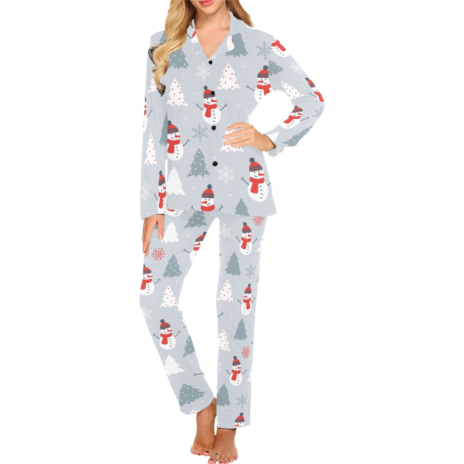 Snowman christmas tree snow gray background Women's Long Pajama Set