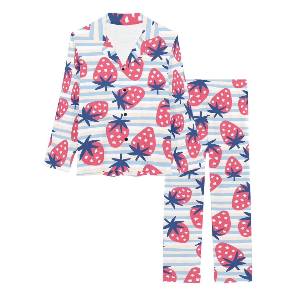 Strawberry pattern blue lines background Women's Long Pajama Set