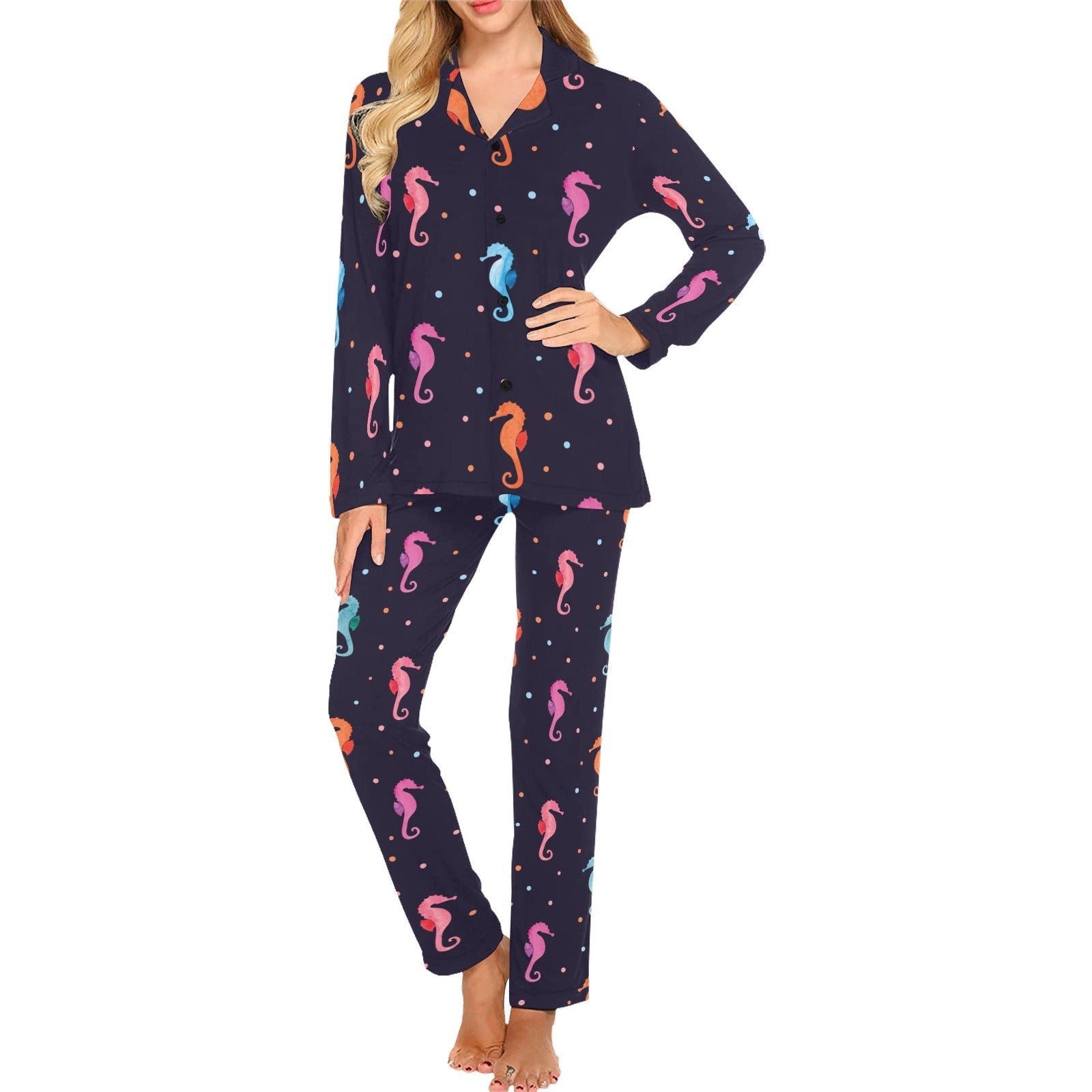 Watercolor colorful seahorse pattern Women's Long Pajama Set