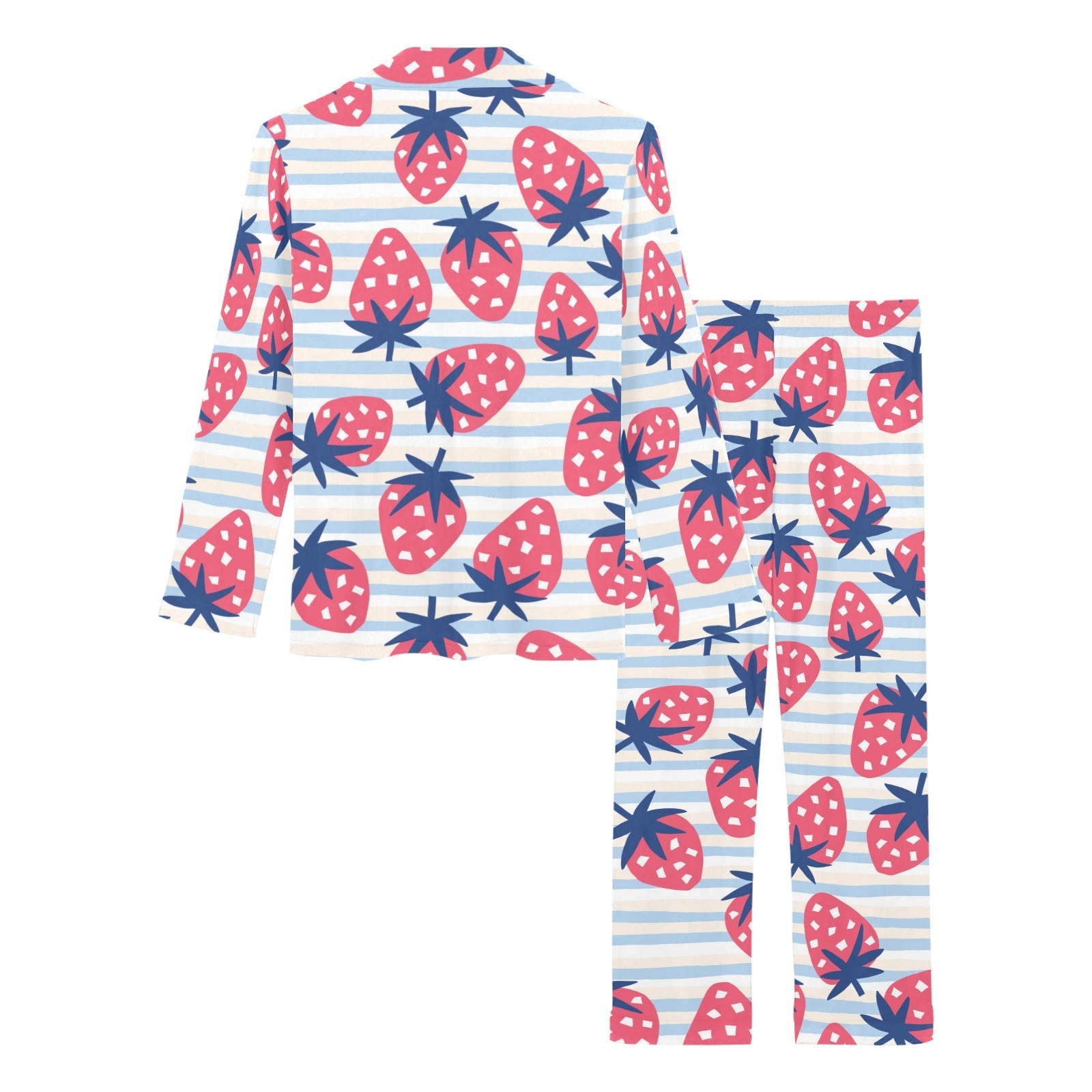 Strawberry pattern blue lines background Women's Long Pajama Set