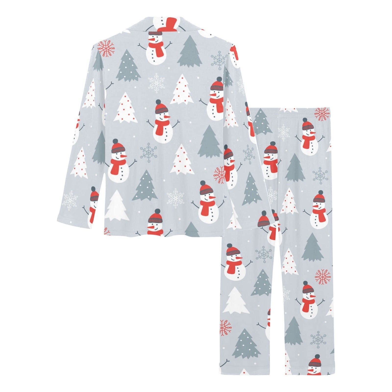 Snowman christmas tree snow gray background Women's Long Pajama Set