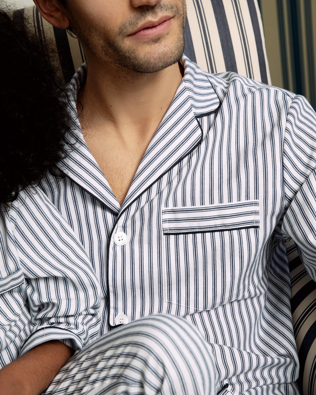 Men's Twill Pajama Set in Navy French Ticking