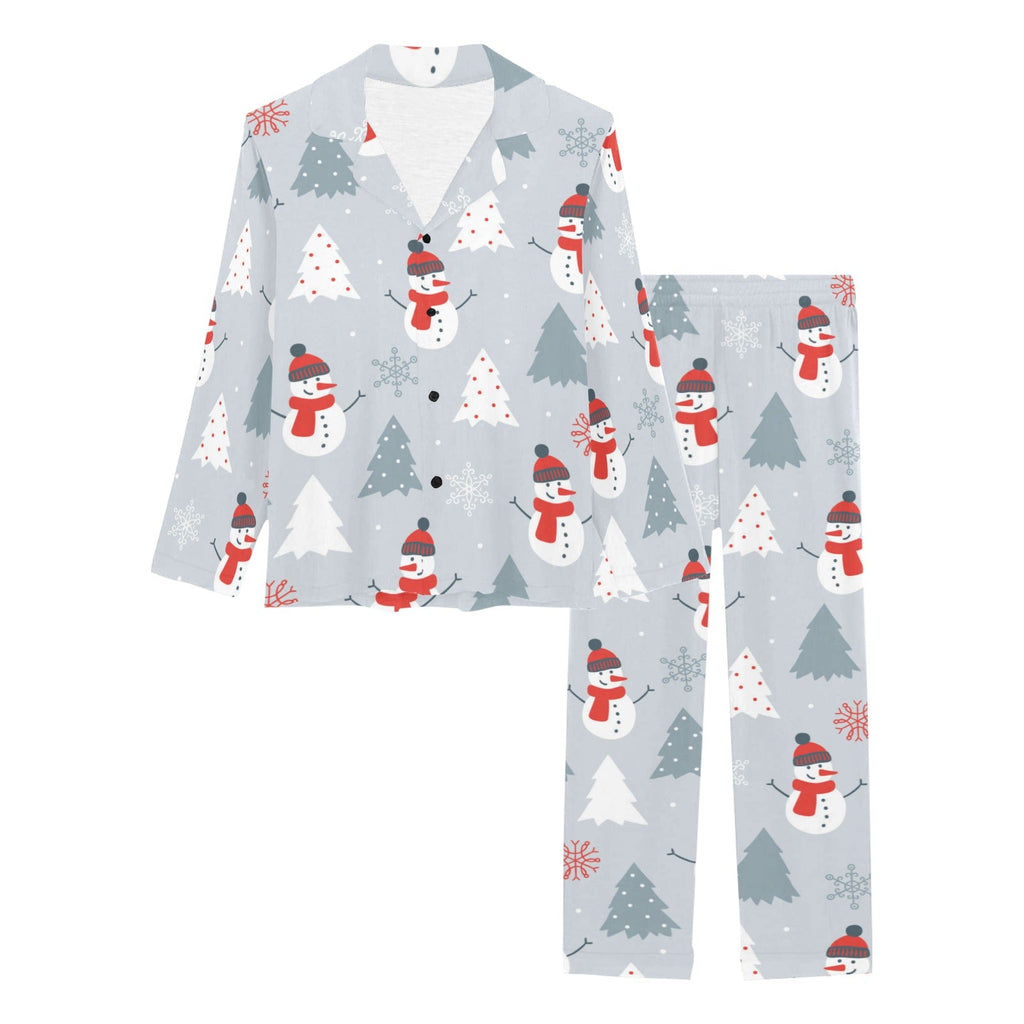 Snowman christmas tree snow gray background Women's Long Pajama Set