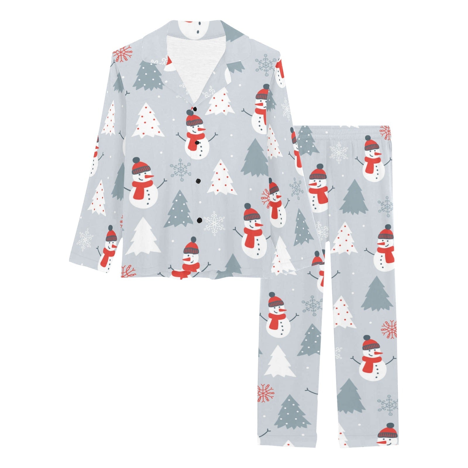 Snowman christmas tree snow gray background Women's Long Pajama Set