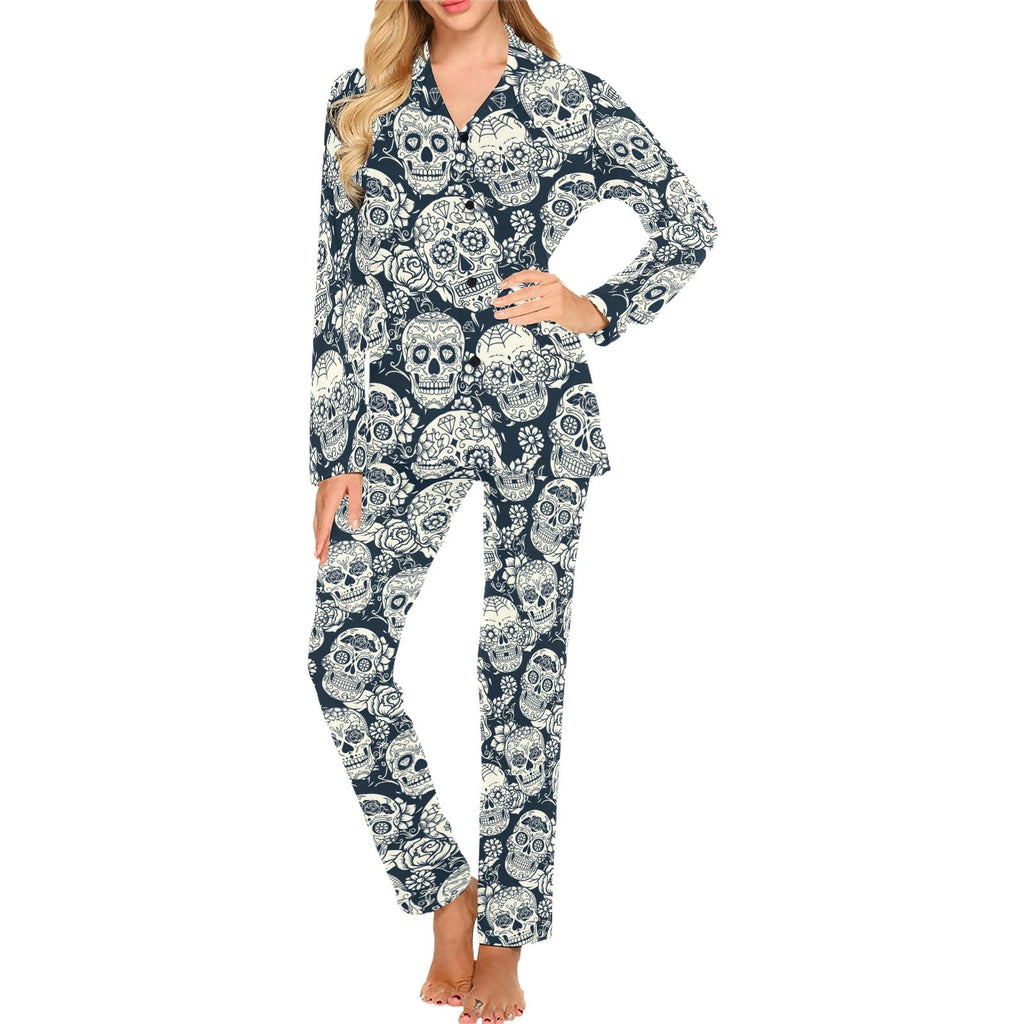 Sugar skull black white pattern Women's Long Pajama Set