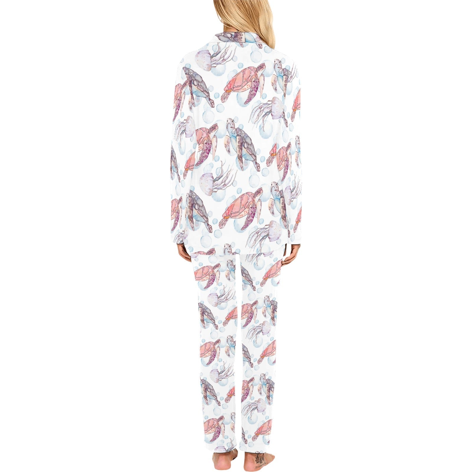Watercolor sea turtle jellyfish pattern Women's Long Pajama Set