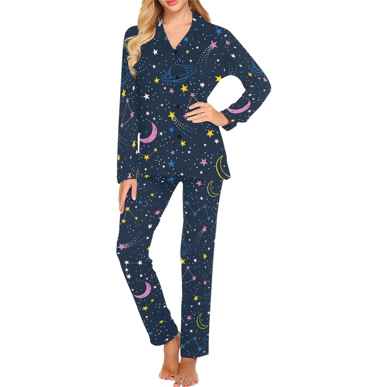 space pattern with planets, comets, constellations Women's Long Pajama Set