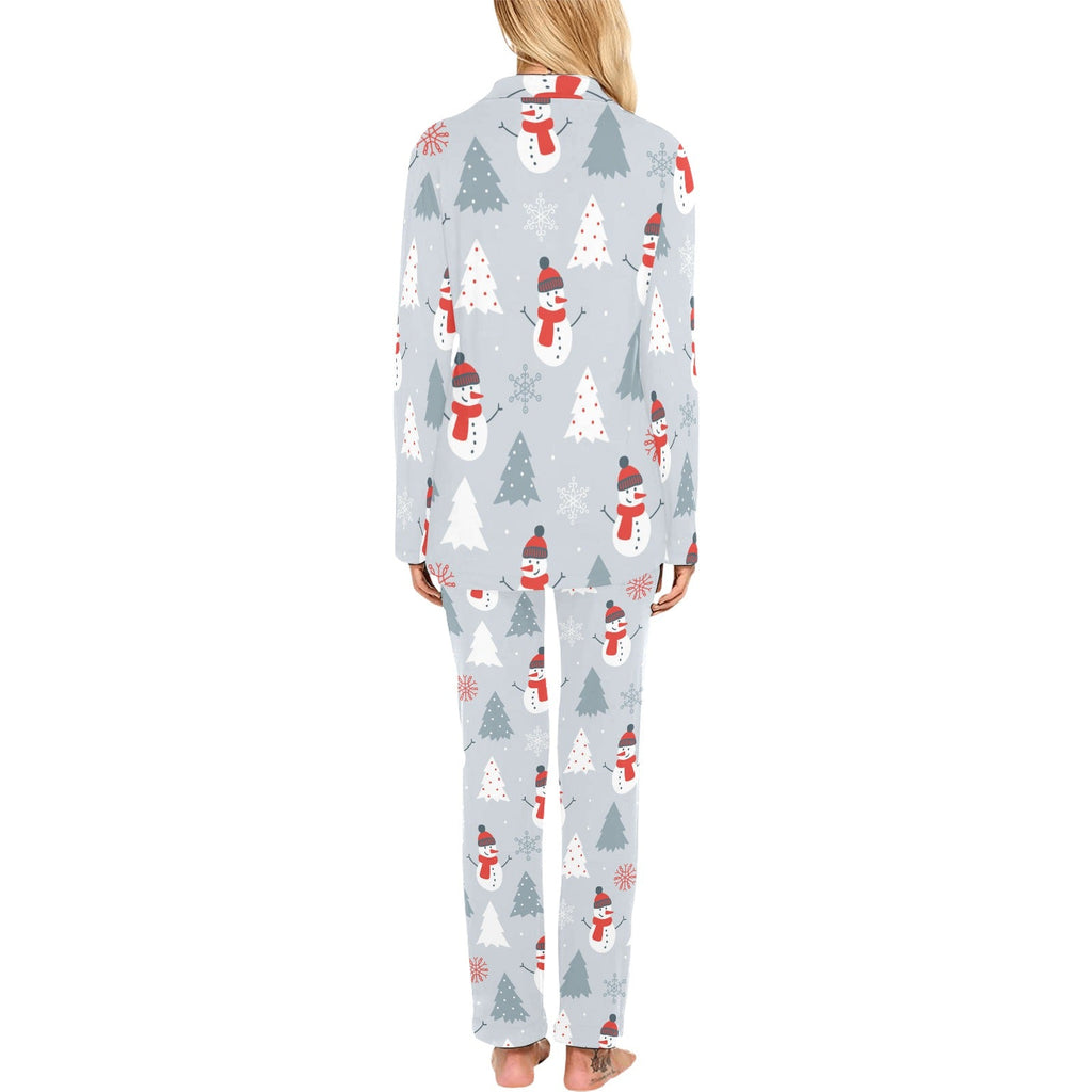 Snowman christmas tree snow gray background Women's Long Pajama Set