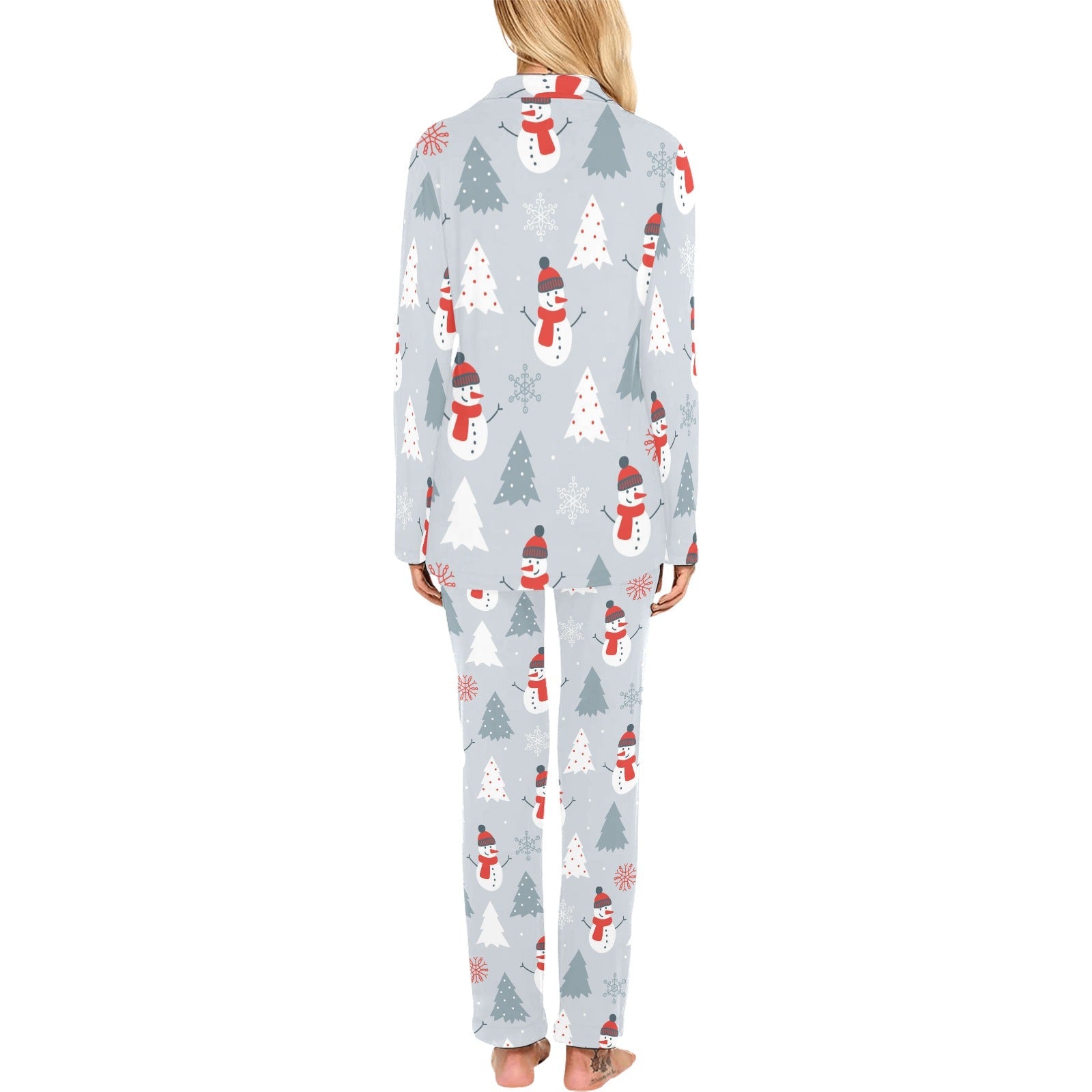 Snowman christmas tree snow gray background Women's Long Pajama Set