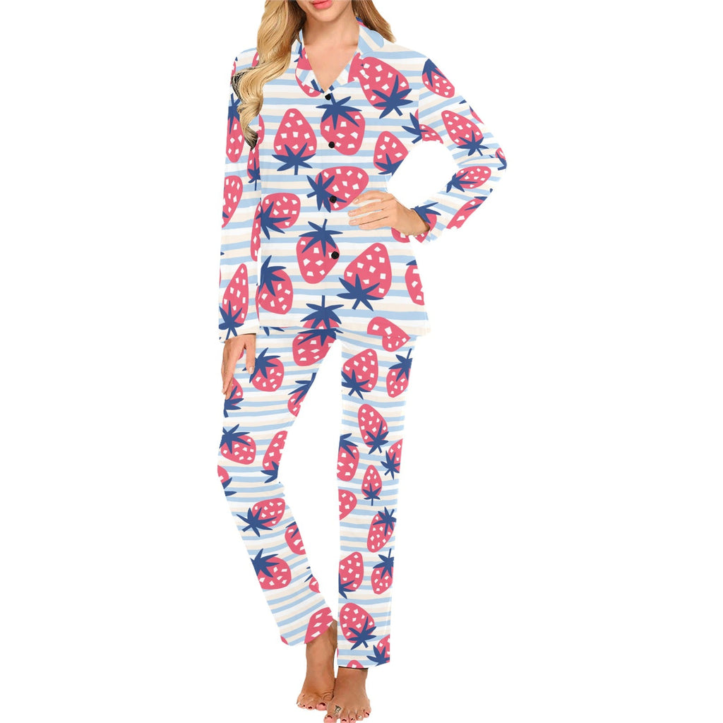 Strawberry pattern blue lines background Women's Long Pajama Set