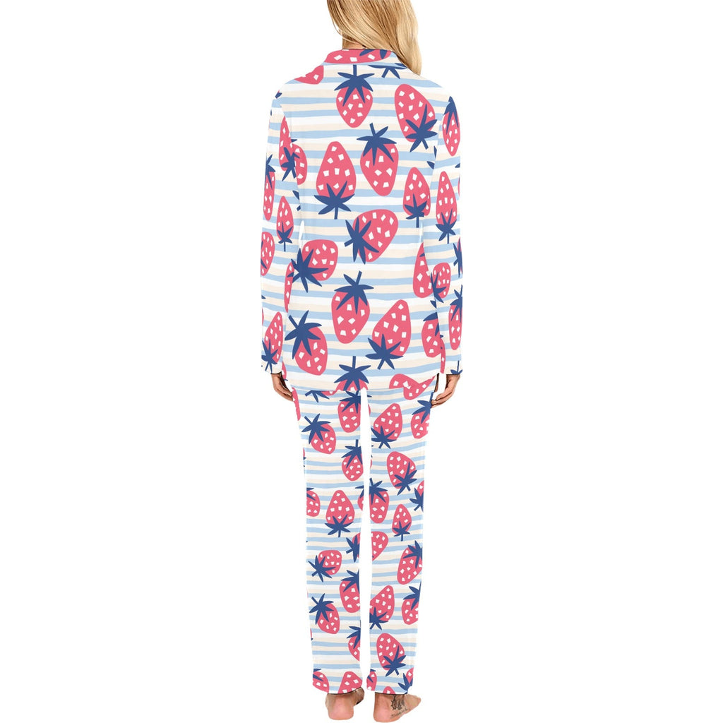 Strawberry pattern blue lines background Women's Long Pajama Set