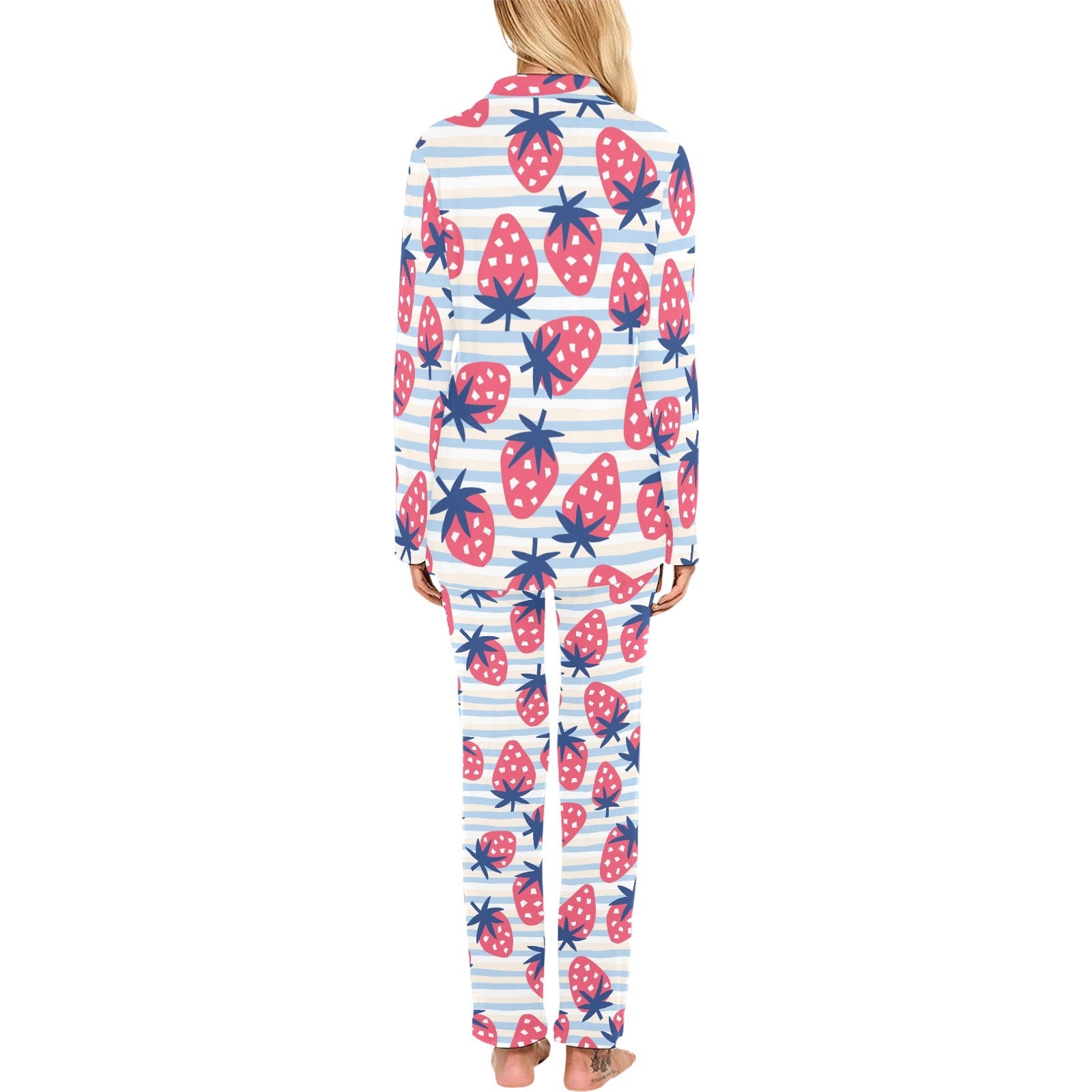 Strawberry pattern blue lines background Women's Long Pajama Set